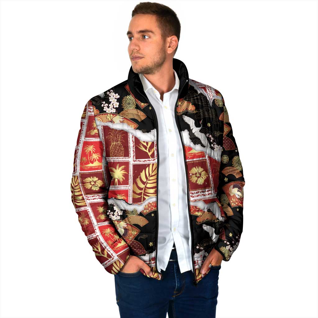Hawaii Japanese Culture Black Padded Jacket Spring Cranes Aloha Pattern