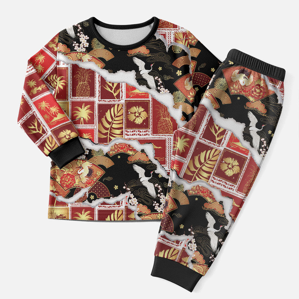 Hawaii Japanese Culture Black Christmas Pajama Set Spring Cranes Aloha Pattern LT01 Men Black - Polynesian Pride