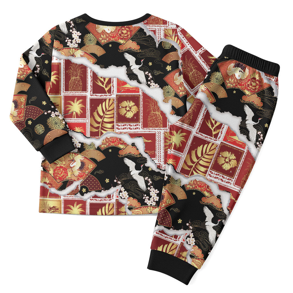 Hawaii Japanese Culture Black Christmas Pajama Set Spring Cranes Aloha Pattern LT01 - Polynesian Pride