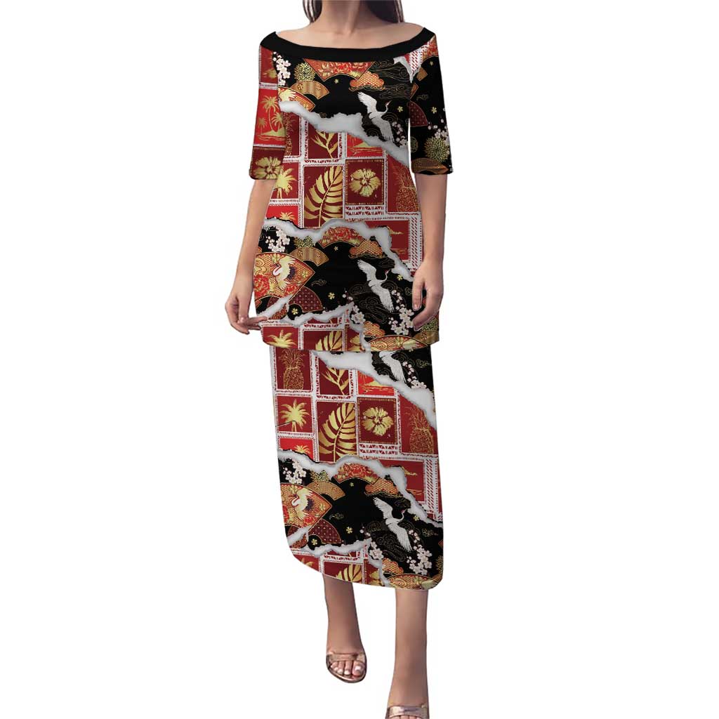 Hawaii Japanese Culture Black Puletasi Spring Cranes Aloha Pattern