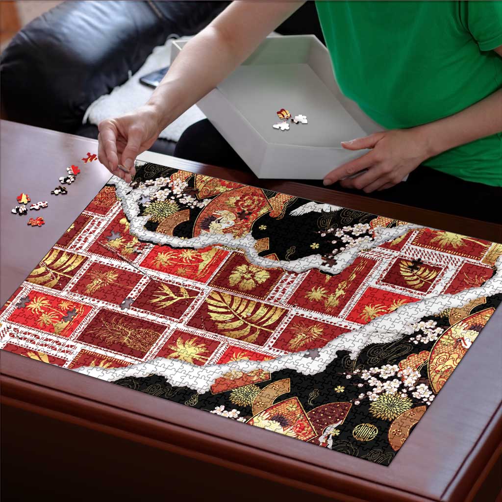Hawaii Japanese Culture Black Puzzle Spring Cranes Aloha Pattern