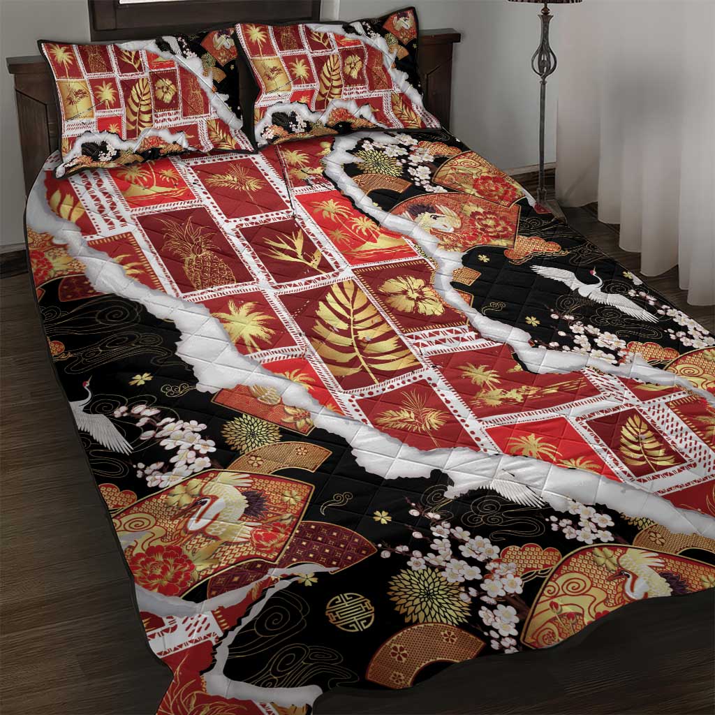 Hawaii Japanese Culture Black Quilt Bed Set Spring Cranes Aloha Pattern