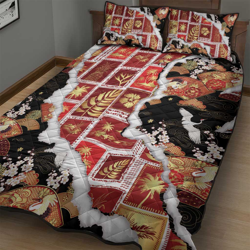 Hawaii Japanese Culture Black Quilt Bed Set Spring Cranes Aloha Pattern