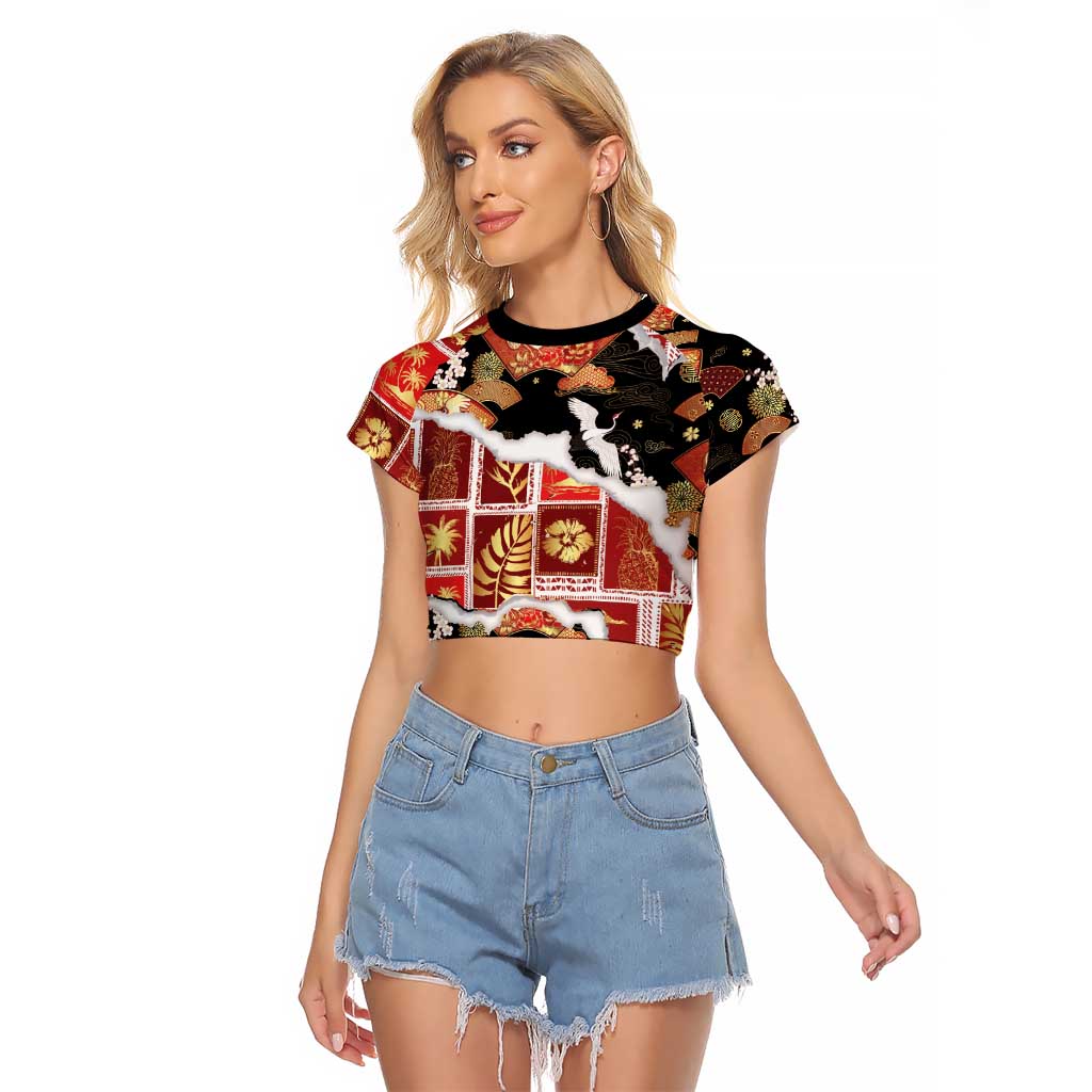 Hawaii Japanese Culture Black Raglan Cropped T Shirt Spring Cranes Aloha Pattern
