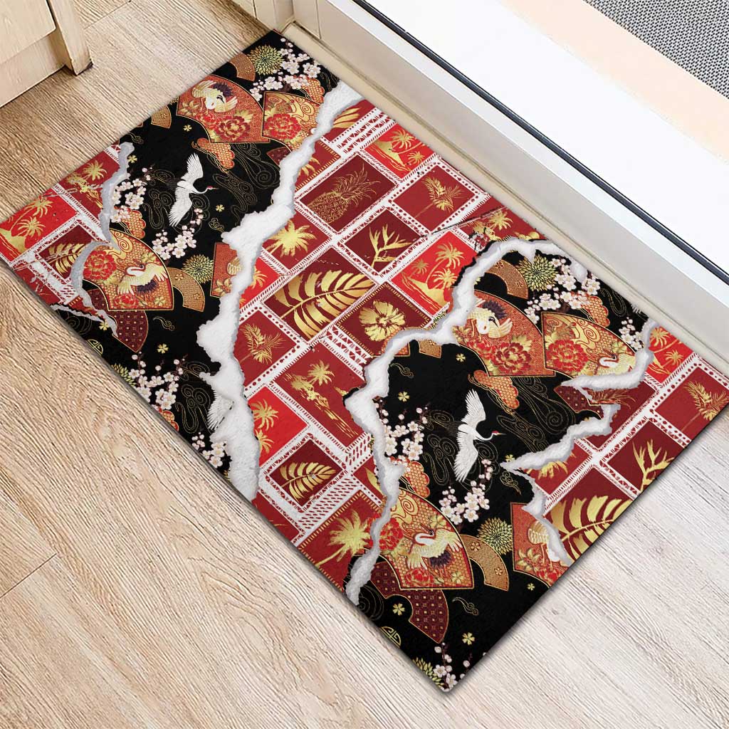 Hawaii Japanese Culture Black Rubber Doormat Spring Cranes Aloha Pattern