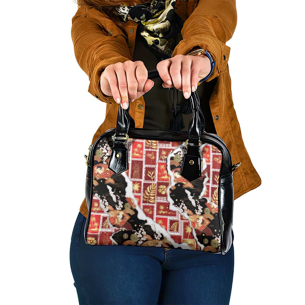 Hawaii Japanese Culture Black Shoulder Handbag Spring Cranes Aloha Pattern