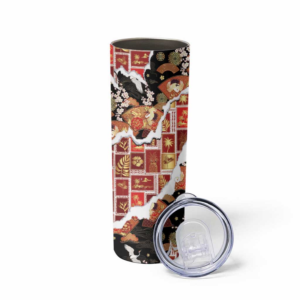 Hawaii Japanese Culture Black Skinny Tumbler Spring Cranes Aloha Pattern
