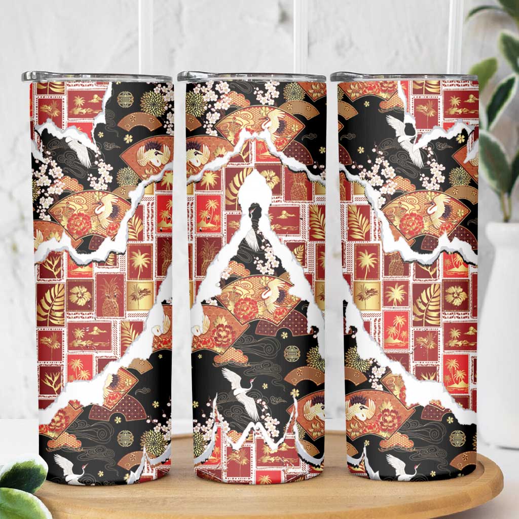 Hawaii Japanese Culture Black Skinny Tumbler Spring Cranes Aloha Pattern