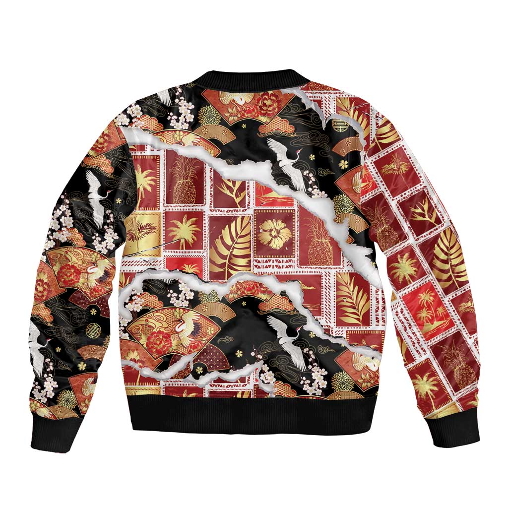 Hawaii Japanese Culture Black Sleeve Zip Bomber Jacket Spring Cranes Aloha Pattern