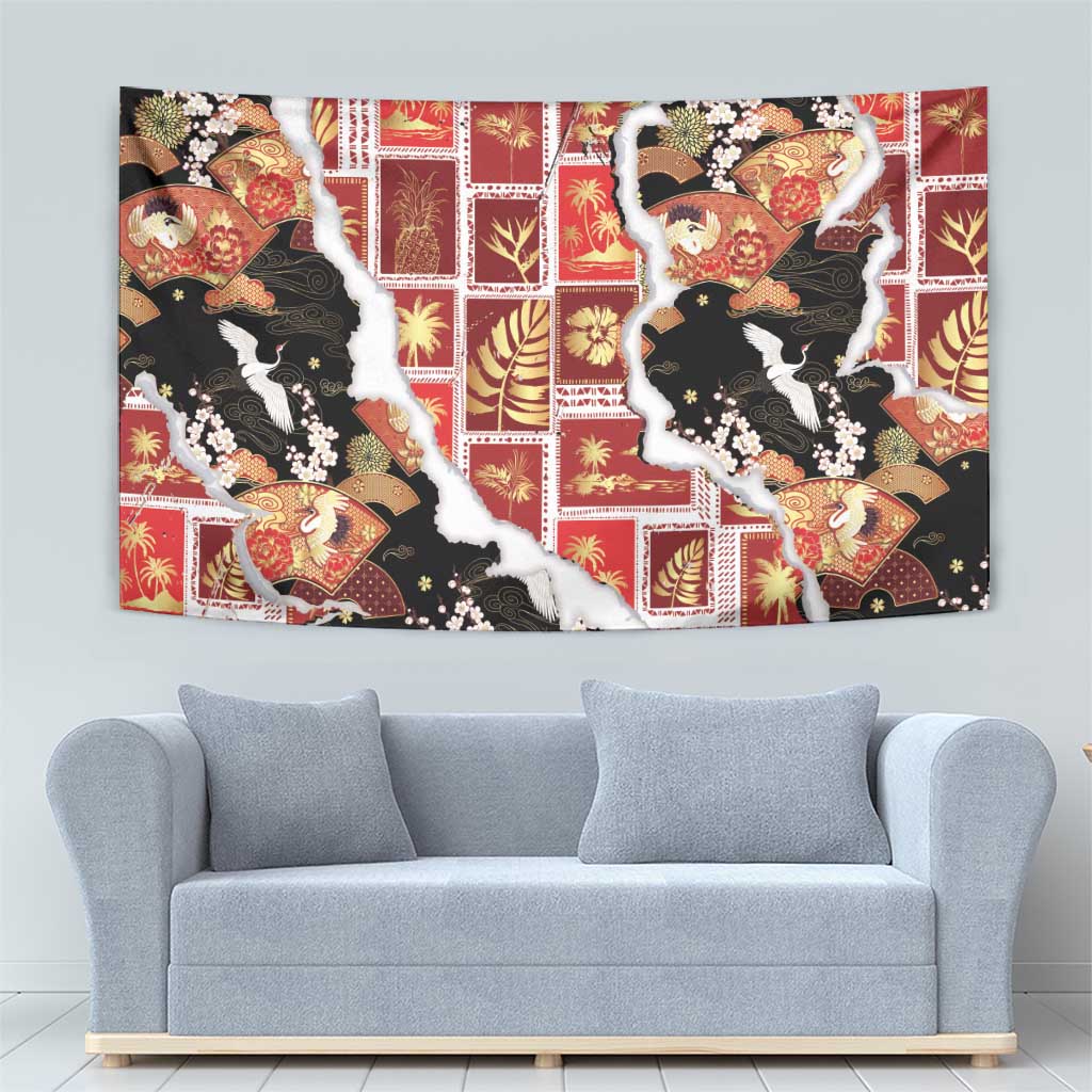 Hawaii Japanese Culture Black Tapestry Spring Cranes Aloha Pattern