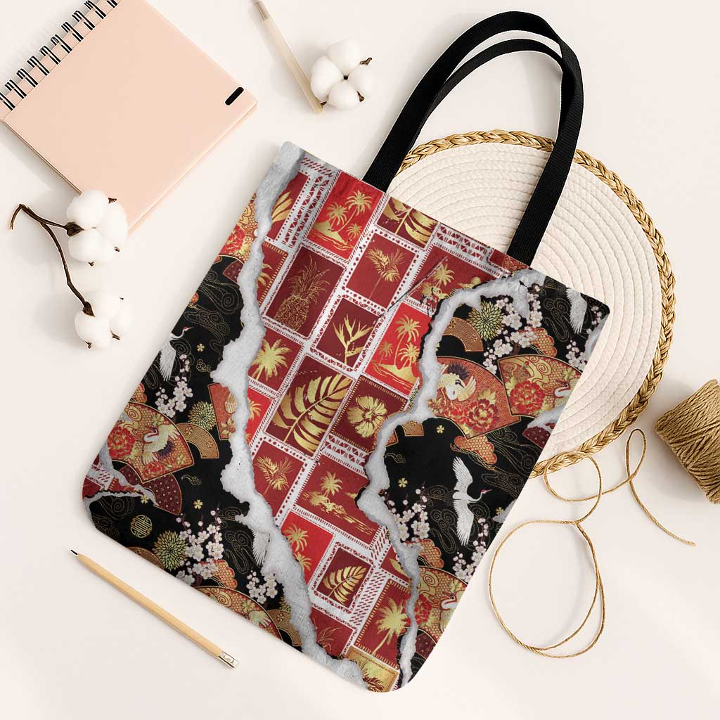 Hawaii Japanese Culture Black Tote Bag Spring Cranes Aloha Pattern