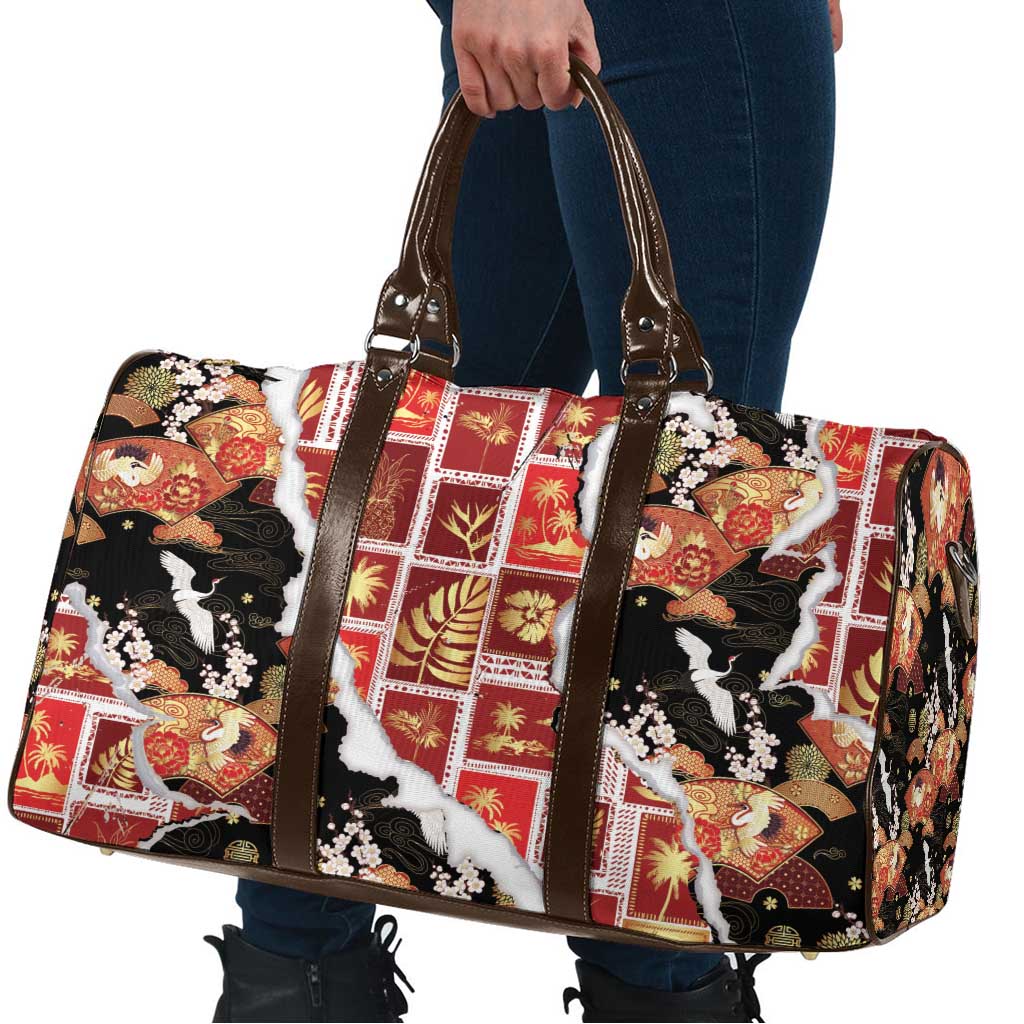 Hawaii Japanese Culture Black Travel Bag Spring Cranes Aloha Pattern