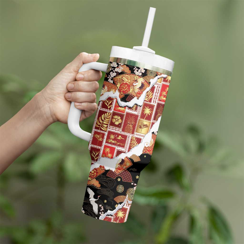 Hawaii Japanese Culture Black Tumbler With Handle Spring Cranes Aloha Pattern