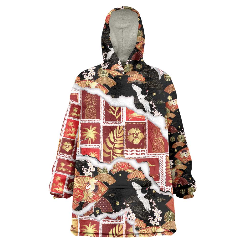 Hawaii Japanese Culture Black Wearable Blanket Hoodie Spring Cranes Aloha Pattern