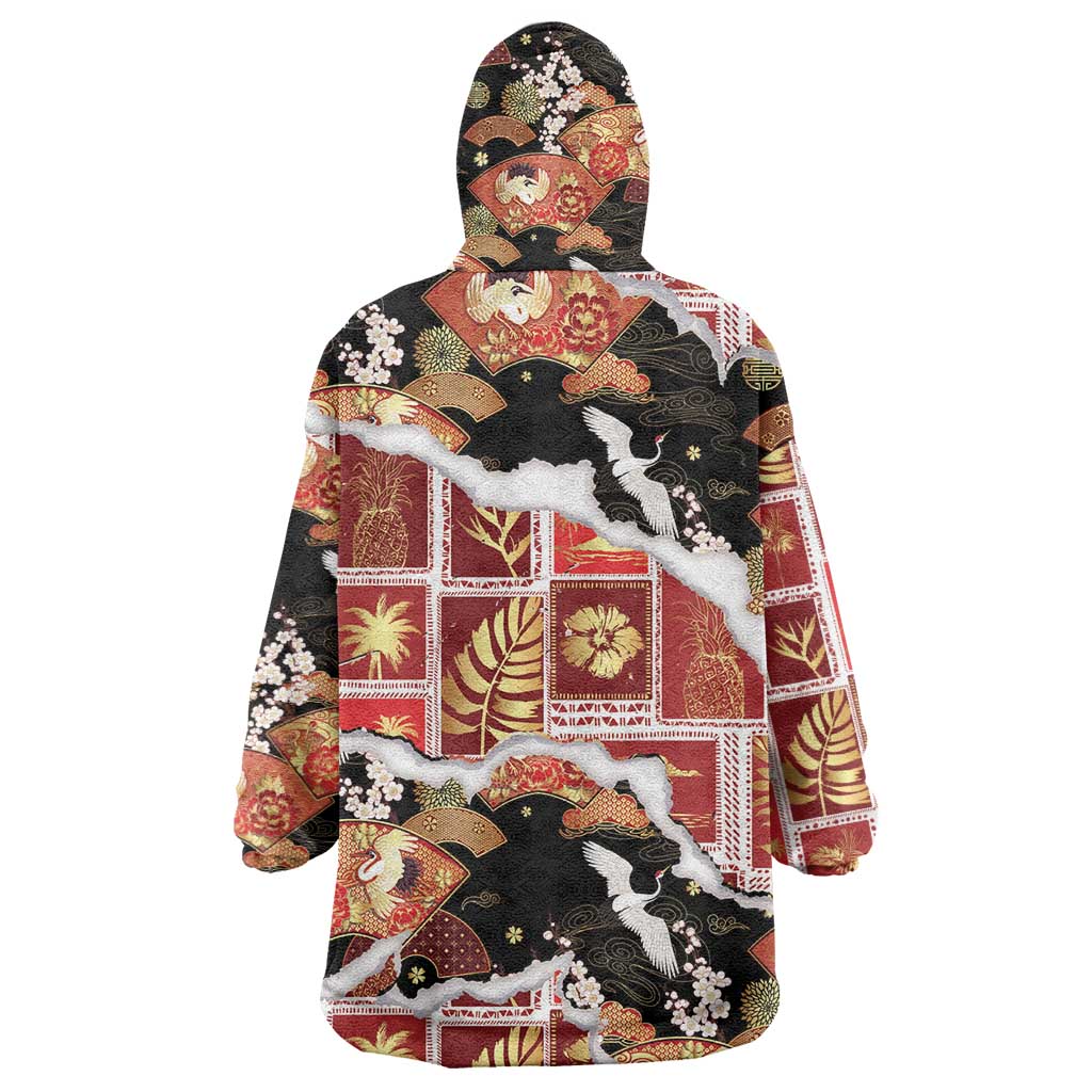 Hawaii Japanese Culture Black Wearable Blanket Hoodie Spring Cranes Aloha Pattern