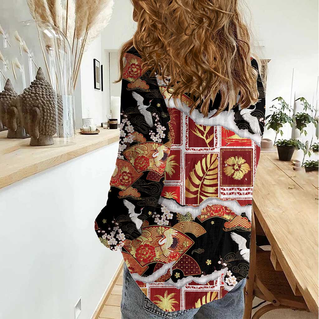 Hawaii Japanese Culture Black Women Casual Shirt Spring Cranes Aloha Pattern