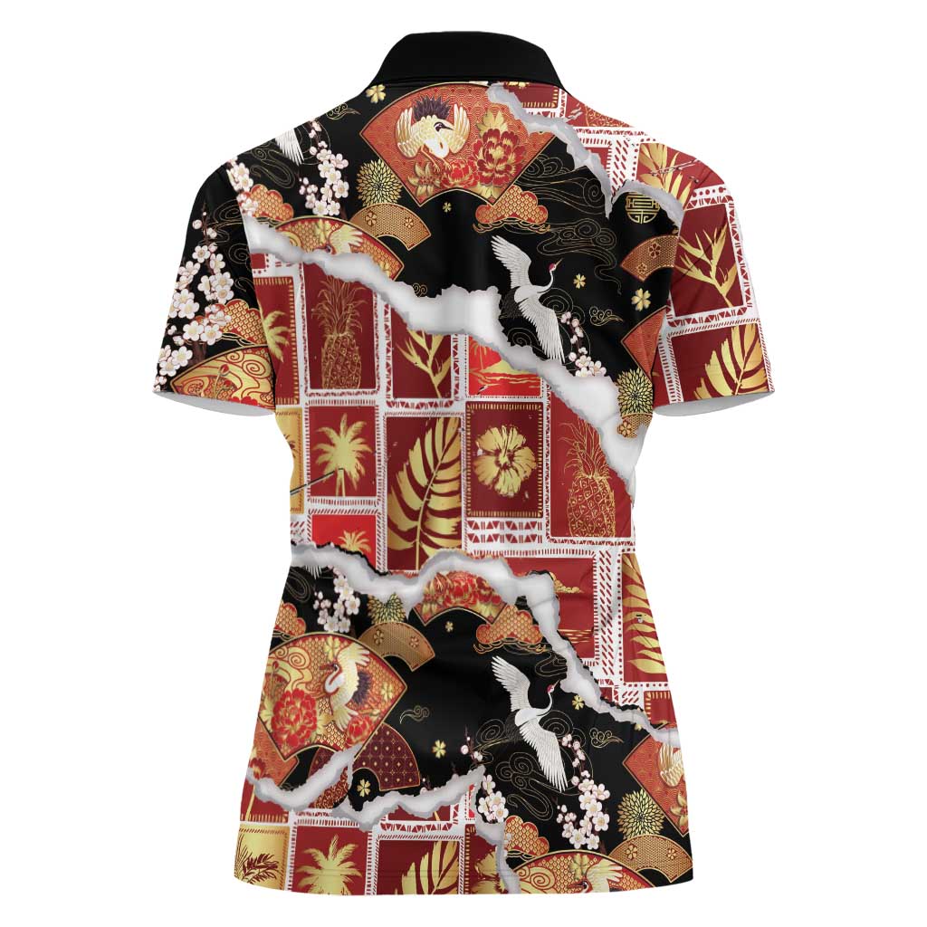 Hawaii Japanese Culture Black Women Polo Shirt Spring Cranes Aloha Pattern