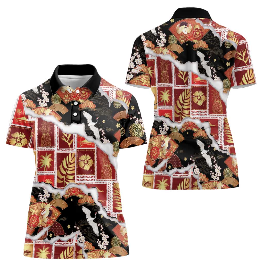 Hawaii Japanese Culture Black Women Polo Shirt Spring Cranes Aloha Pattern