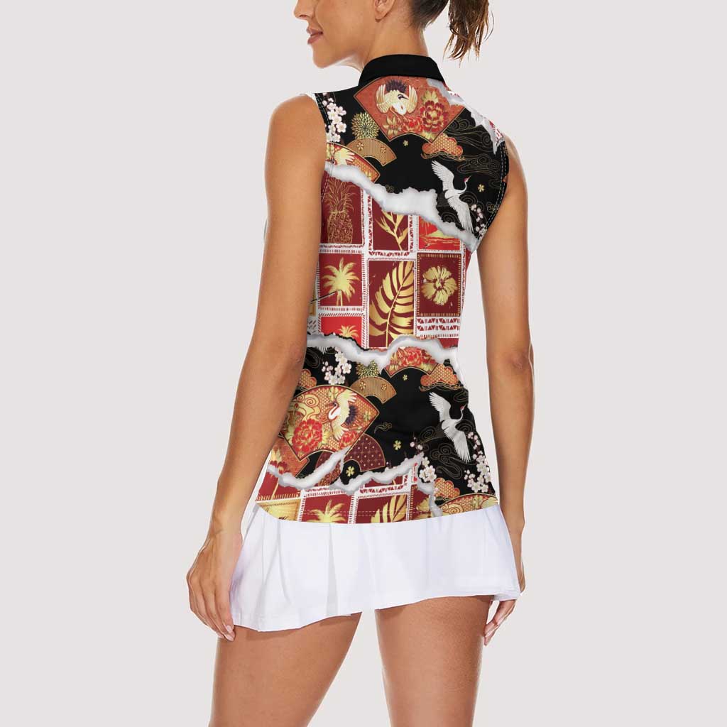 Hawaii Japanese Culture Black Women Sleeveless Polo Shirt Spring Cranes Aloha Pattern