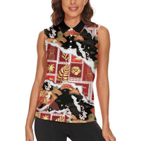 Hawaii Japanese Culture Black Women Sleeveless Polo Shirt Spring Cranes Aloha Pattern