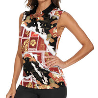 Hawaii Japanese Culture Black Women Sleeveless Polo Shirt Spring Cranes Aloha Pattern
