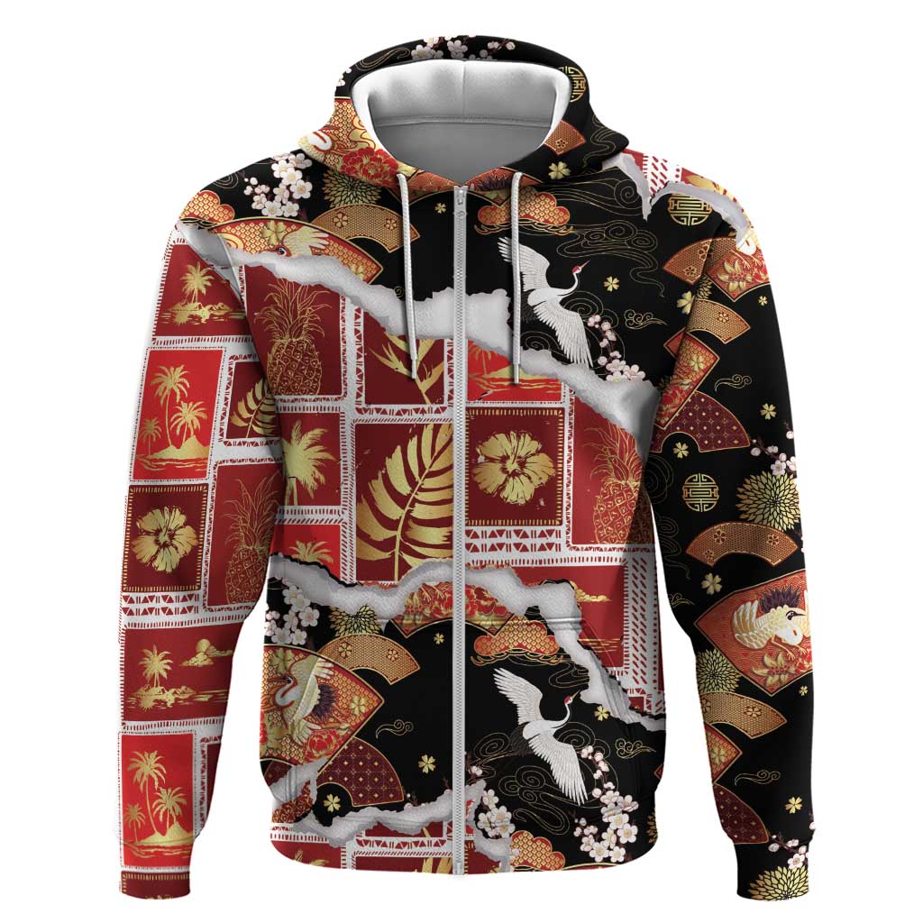 Hawaii Japanese Culture Black Zip Hoodie Spring Cranes Aloha Pattern