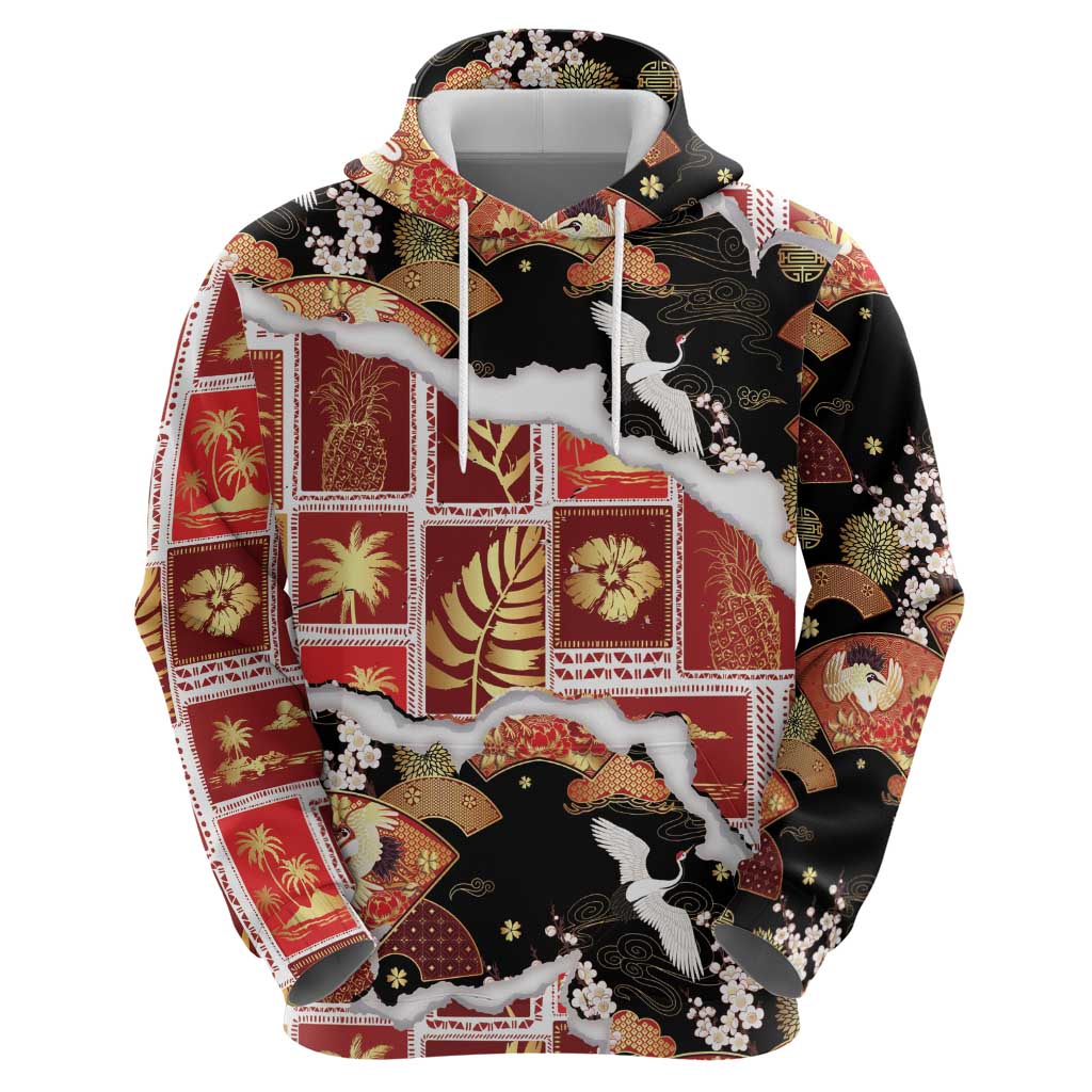 Hawaii Japanese Culture Black Zip Hoodie Spring Cranes Aloha Pattern