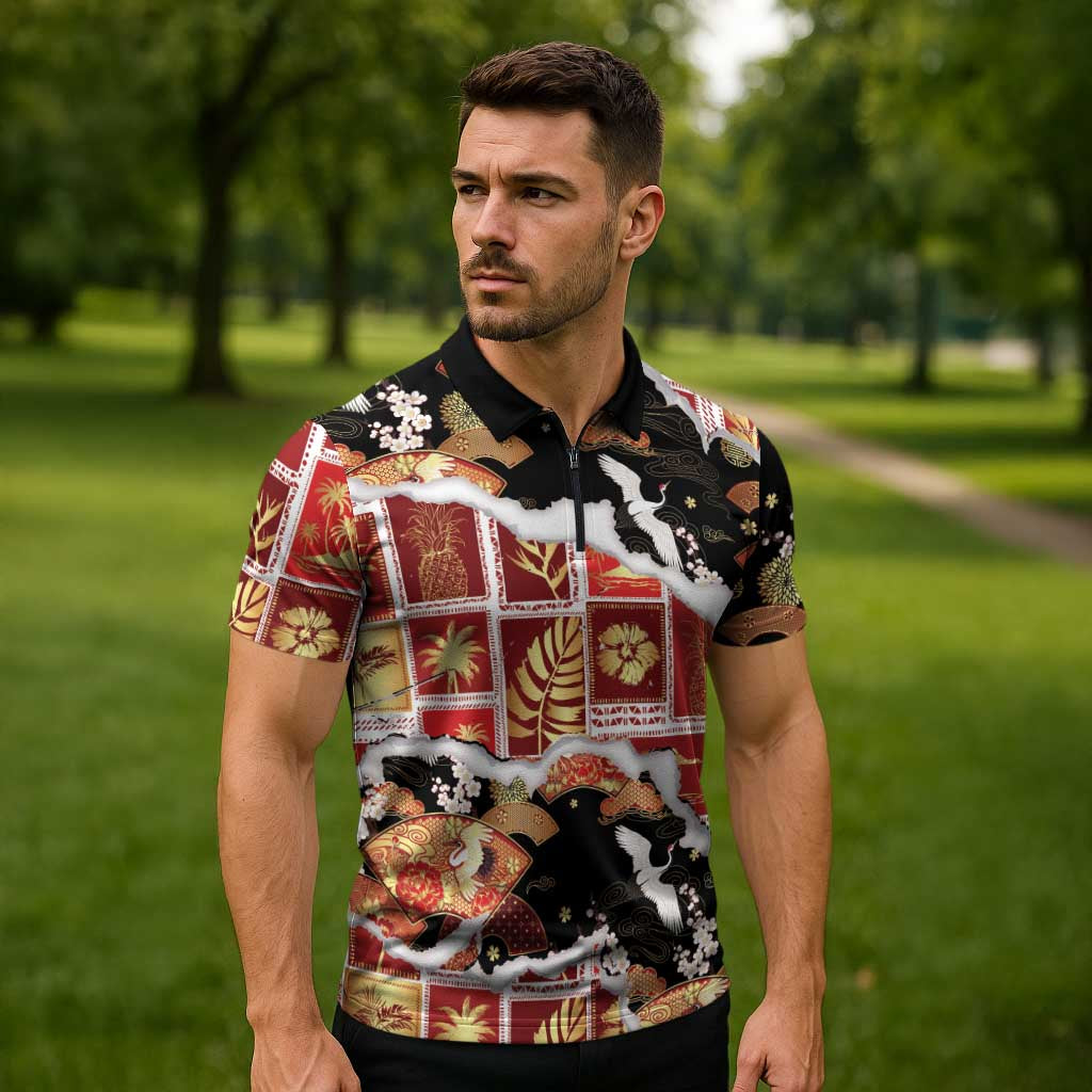 Hawaii Japanese Culture Black Zipper Polo Shirt Spring Cranes Aloha Pattern