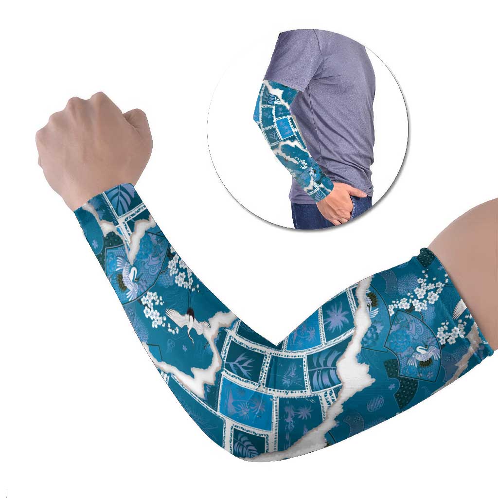 Hawaii Japanese Culture Blue Arm Sleeves Spring Cranes Aloha Pattern