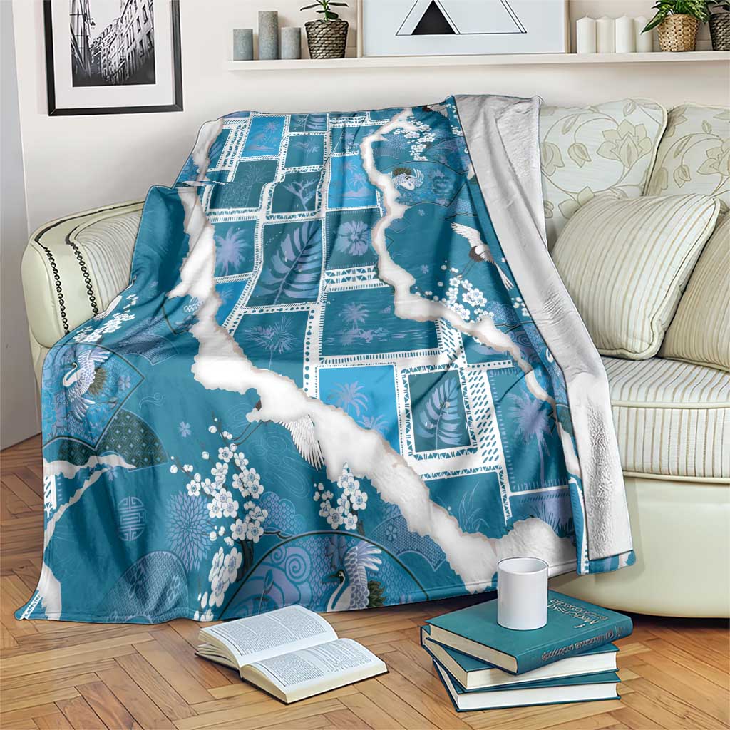 Hawaii Japanese Culture Blue Blanket Spring Cranes Aloha Pattern