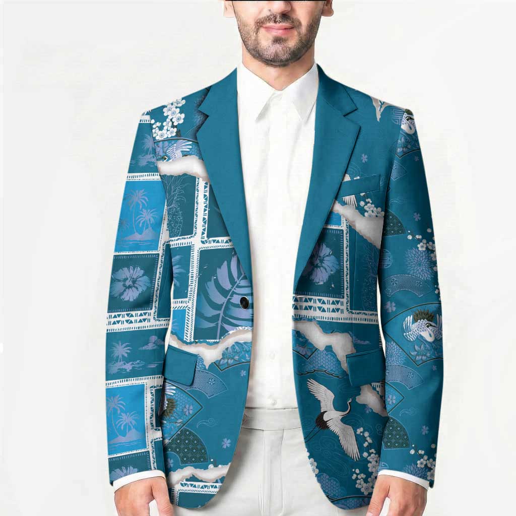 Hawaii Japanese Culture Blue Blazer Spring Cranes Aloha Pattern