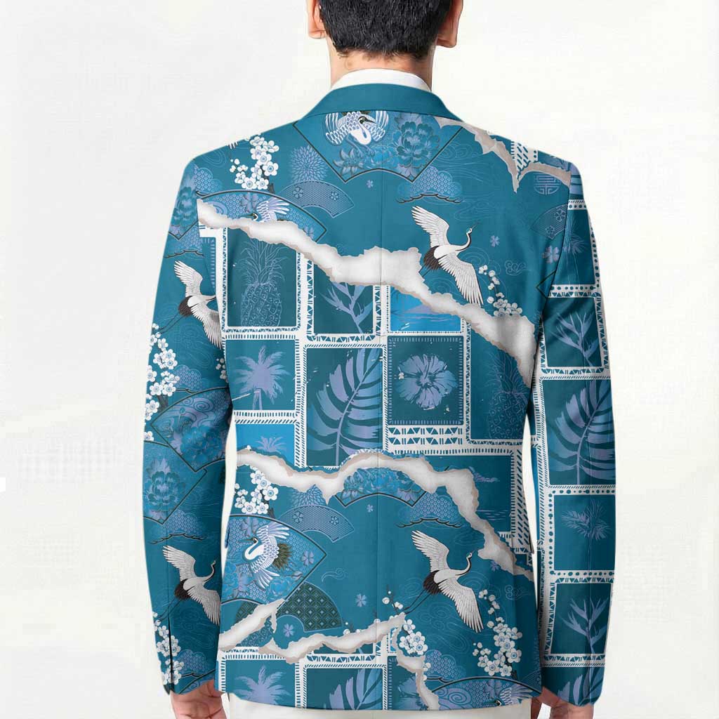 Hawaii Japanese Culture Blue Blazer Spring Cranes Aloha Pattern