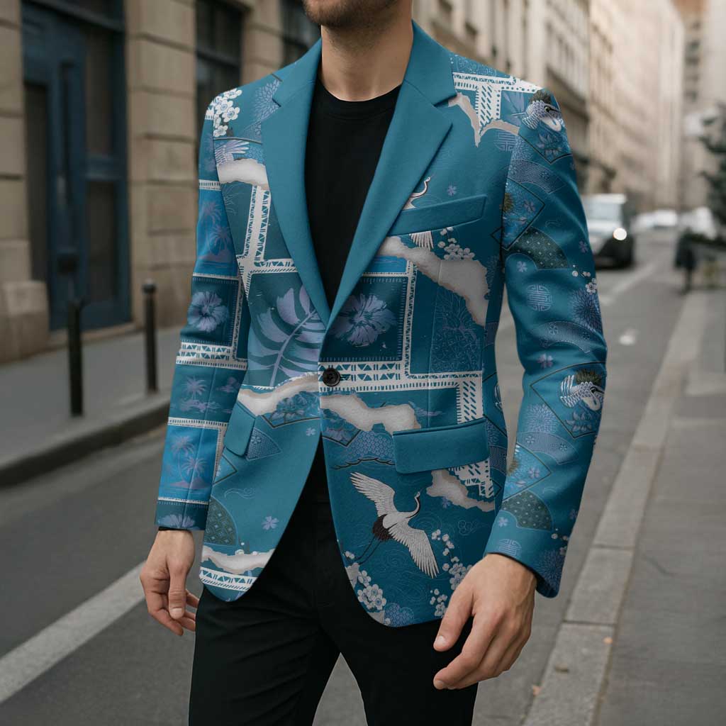 Hawaii Japanese Culture Blue Blazer Spring Cranes Aloha Pattern