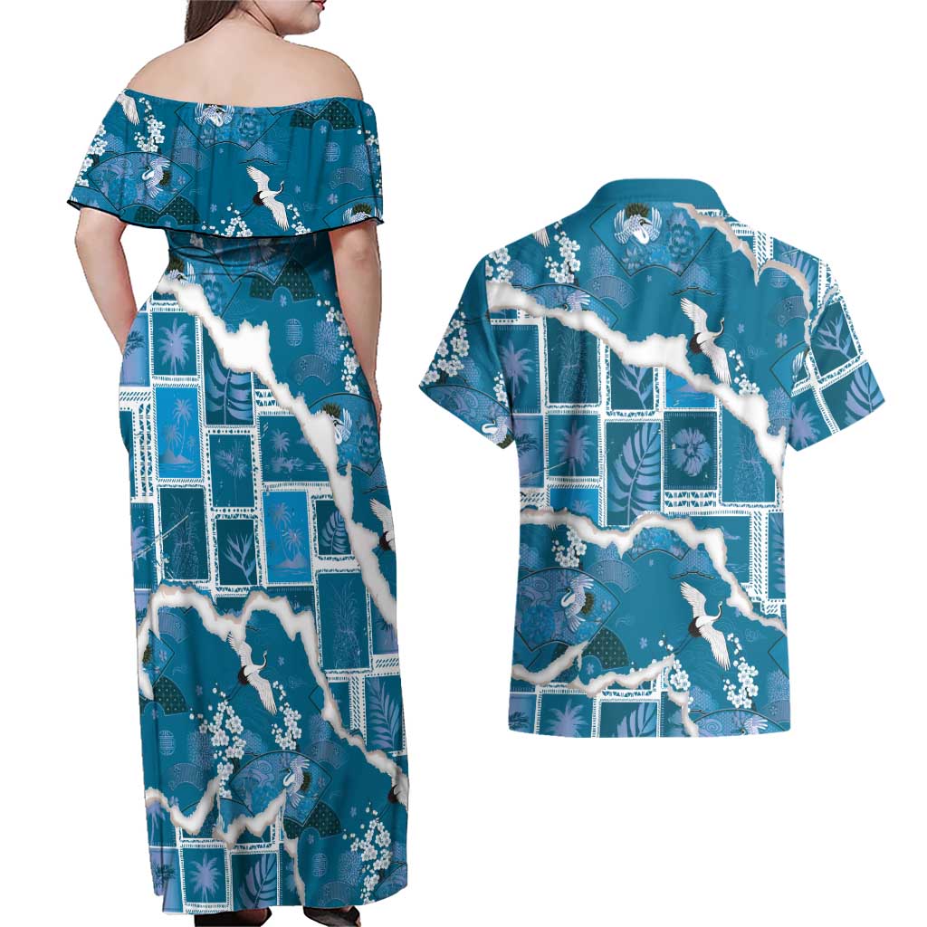 Hawaii Japanese Culture Blue Couples Matching Off Shoulder Maxi Dress and Hawaiian Shirt Spring Cranes Aloha Pattern