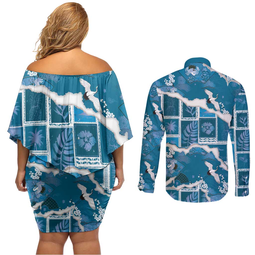 Hawaii Japanese Culture Blue Couples Matching Off Shoulder Short Dress and Long Sleeve Button Shirt Spring Cranes Aloha Pattern