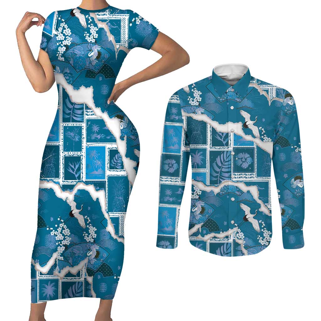 Hawaii Japanese Culture Blue Couples Matching Short Sleeve Bodycon Dress and Long Sleeve Button Shirt Spring Cranes Aloha Pattern
