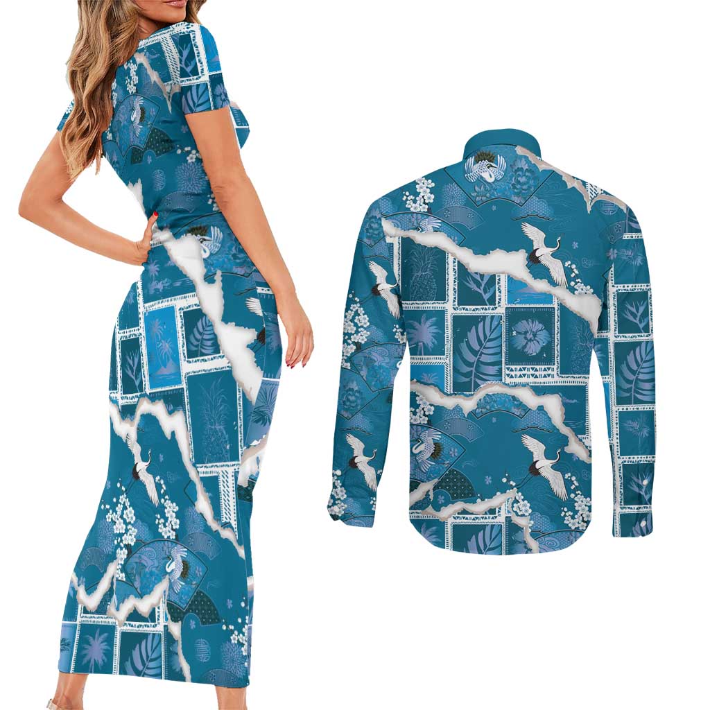 Hawaii Japanese Culture Blue Couples Matching Short Sleeve Bodycon Dress and Long Sleeve Button Shirt Spring Cranes Aloha Pattern LT01 - Polynesian Pride