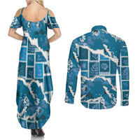 Hawaii Japanese Culture Blue Couples Matching Summer Maxi Dress and Long Sleeve Button Shirt Spring Cranes Aloha Pattern