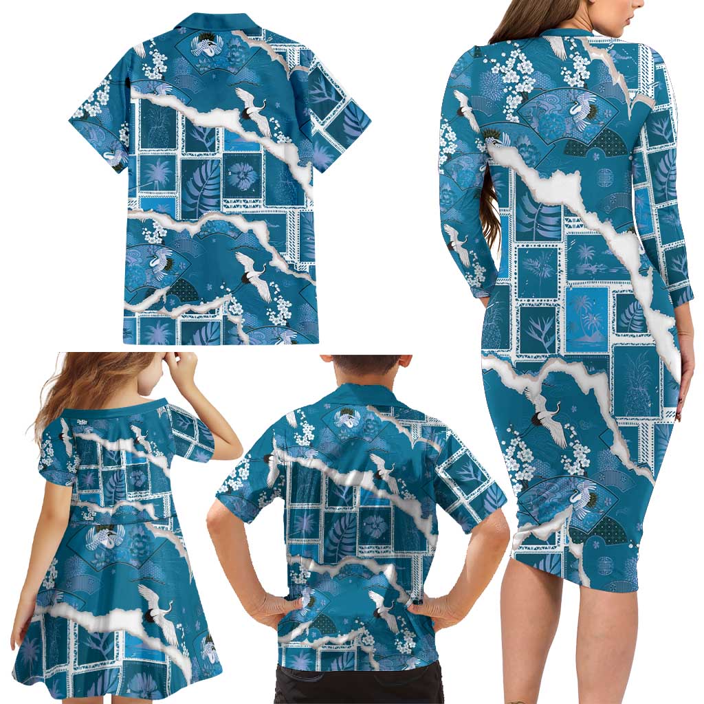 Hawaii Japanese Culture Blue Family Matching Long Sleeve Bodycon Dress and Hawaiian Shirt Spring Cranes Aloha Pattern LT01 - Polynesian Pride