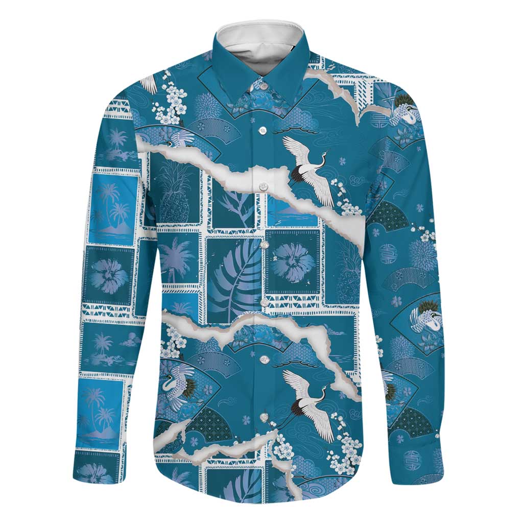 Hawaii Japanese Culture Blue Family Matching Mermaid Dress and Hawaiian Shirt Spring Cranes Aloha Pattern LT01 Dad's Shirt - Long Sleeve Blue - Polynesian Pride