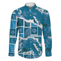 Hawaii Japanese Culture Blue Family Matching Mermaid Dress and Hawaiian Shirt Spring Cranes Aloha Pattern LT01 Dad's Shirt - Long Sleeve Blue - Polynesian Pride