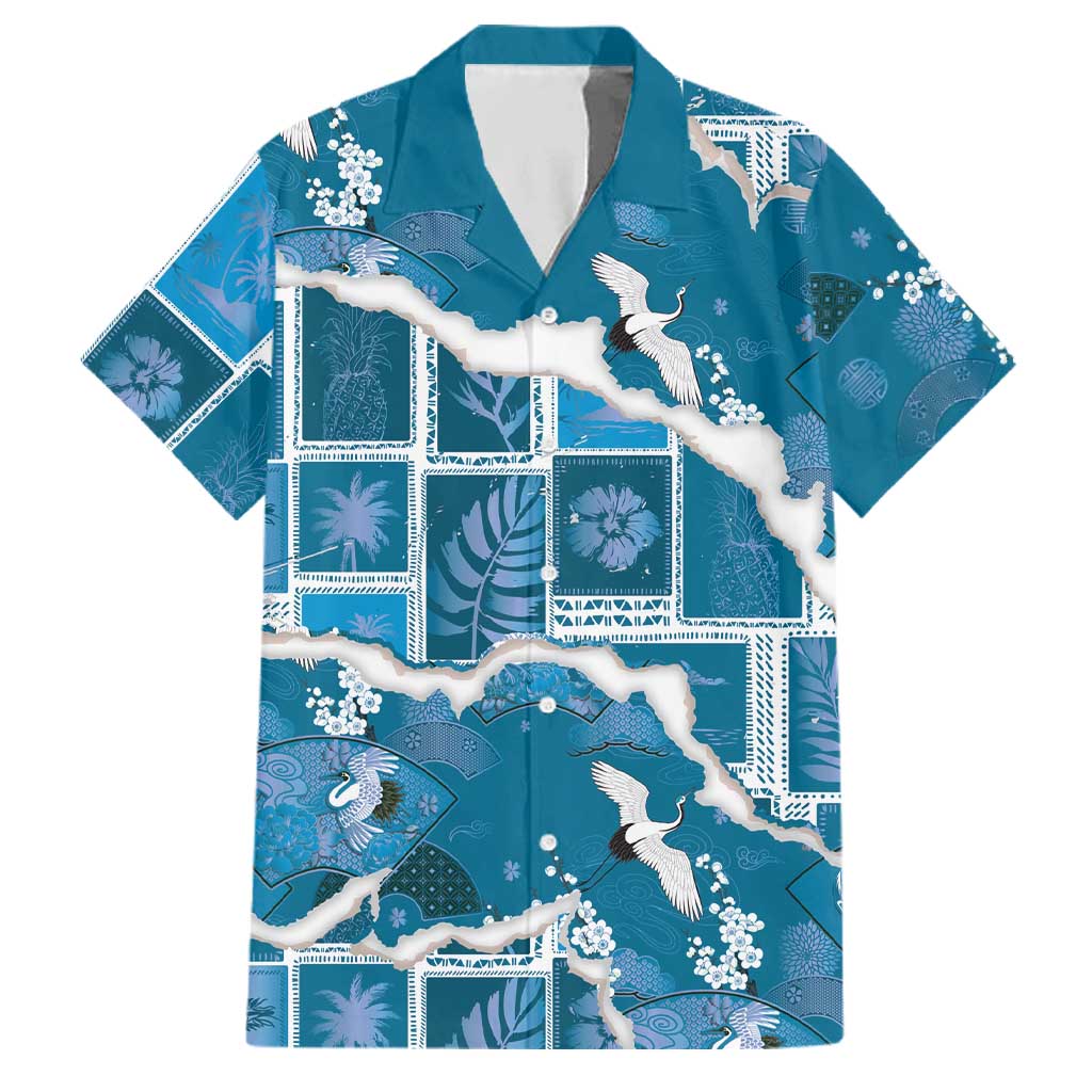 Hawaii Japanese Culture Blue Family Matching Off The Shoulder Long Sleeve Dress and Hawaiian Shirt Spring Cranes Aloha Pattern LT01 Dad's Shirt - Short Sleeve Blue - Polynesian Pride
