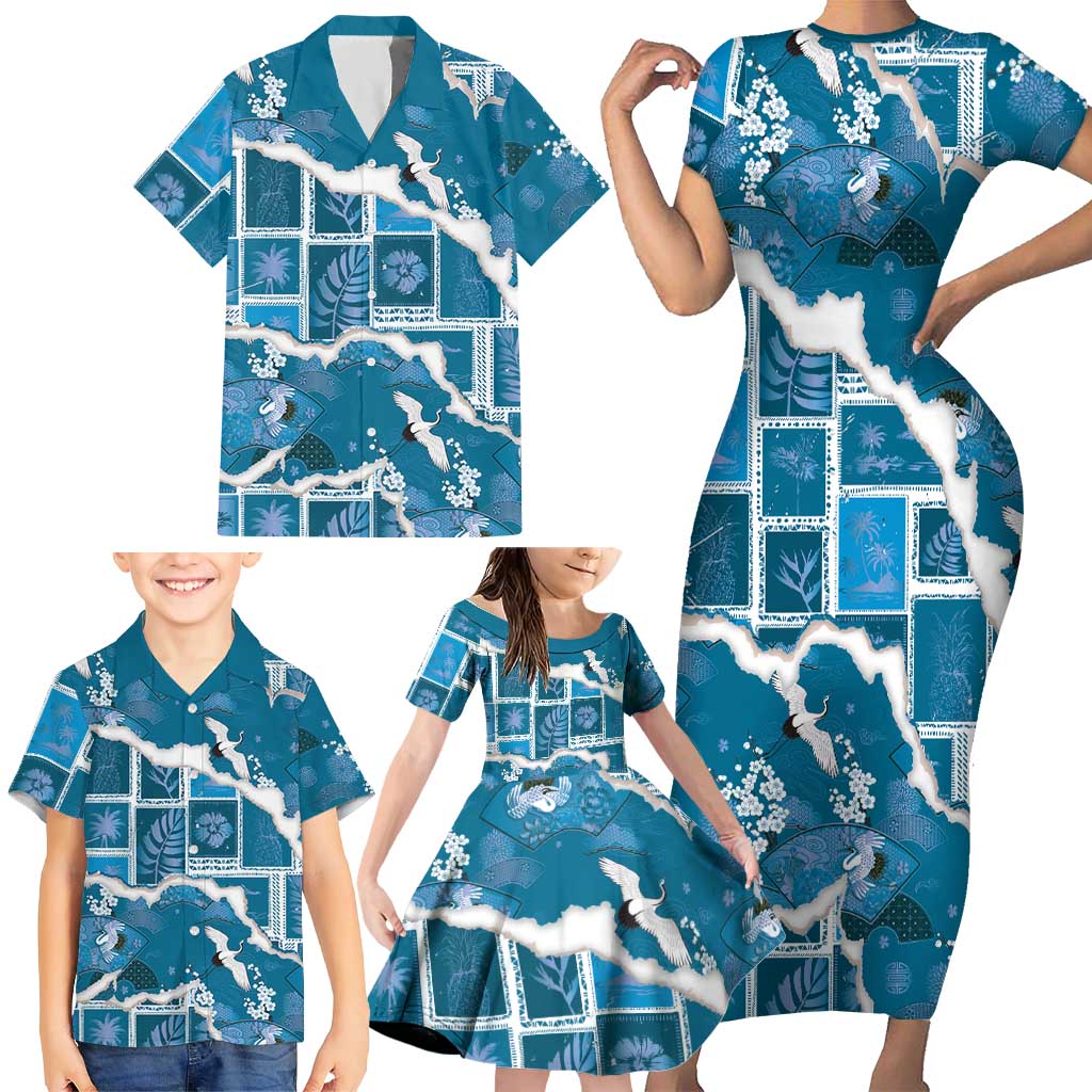 Hawaii Japanese Culture Blue Family Matching Short Sleeve Bodycon Dress and Hawaiian Shirt Spring Cranes Aloha Pattern
