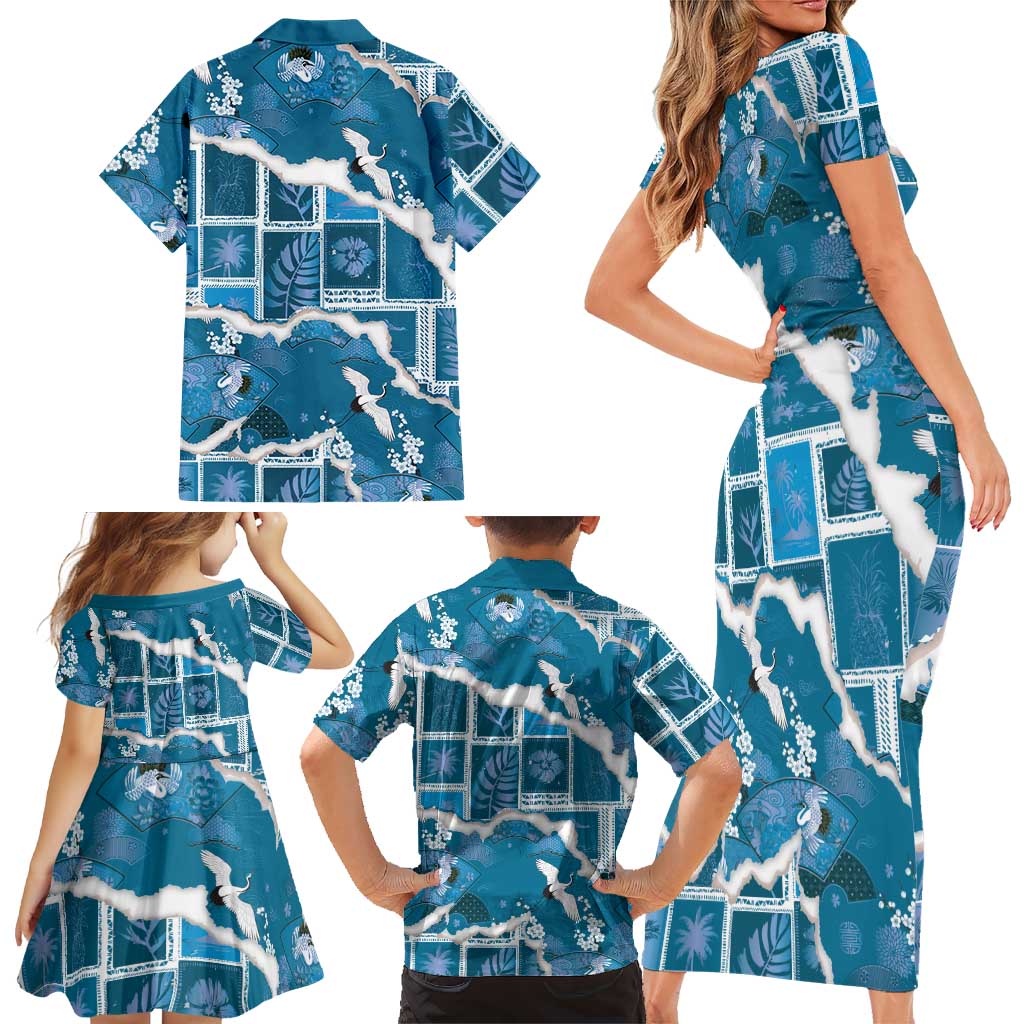 Hawaii Japanese Culture Blue Family Matching Short Sleeve Bodycon Dress and Hawaiian Shirt Spring Cranes Aloha Pattern LT01 - Polynesian Pride