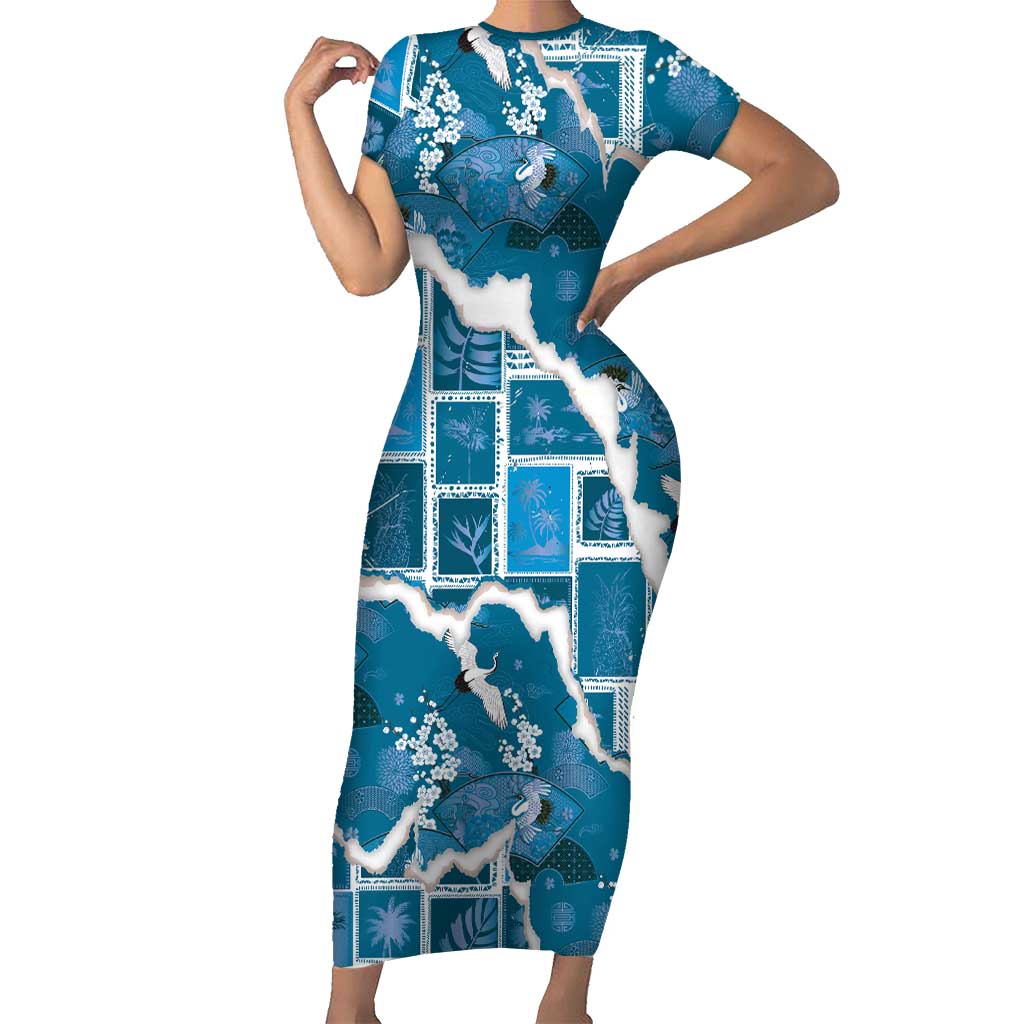 Hawaii Japanese Culture Blue Family Matching Short Sleeve Bodycon Dress and Hawaiian Shirt Spring Cranes Aloha Pattern LT01 Mom's Dress Blue - Polynesian Pride