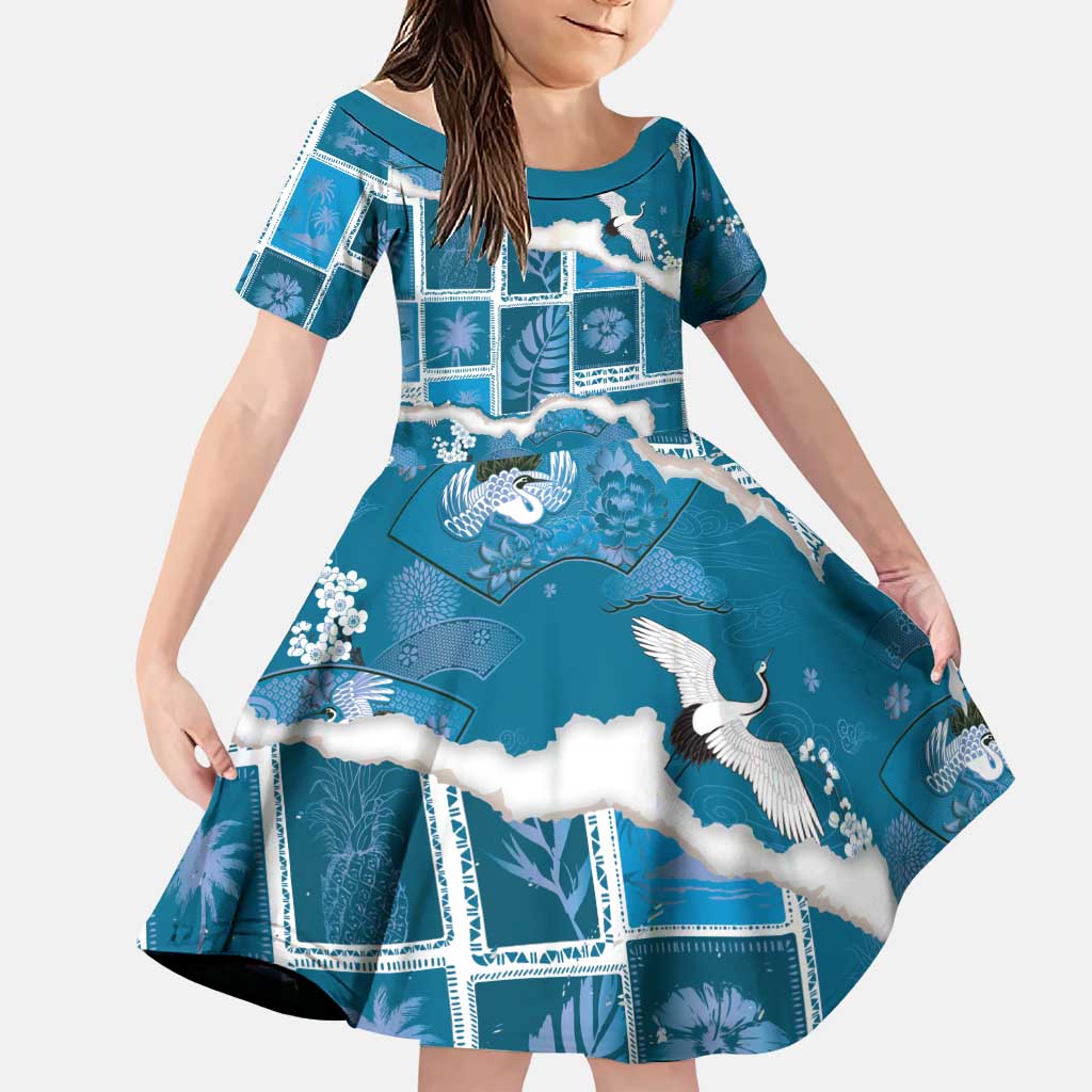 Hawaii Japanese Culture Blue Family Matching Summer Maxi Dress and Hawaiian Shirt Spring Cranes Aloha Pattern