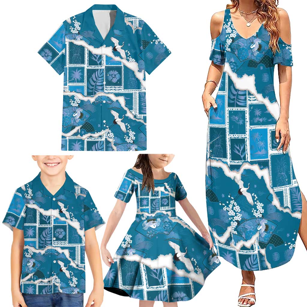 Hawaii Japanese Culture Blue Family Matching Summer Maxi Dress and Hawaiian Shirt Spring Cranes Aloha Pattern