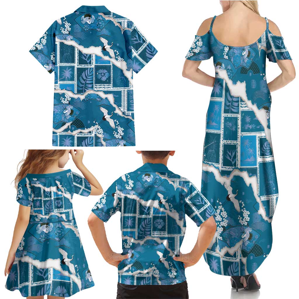 Hawaii Japanese Culture Blue Family Matching Summer Maxi Dress and Hawaiian Shirt Spring Cranes Aloha Pattern