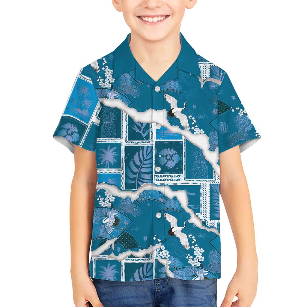 Hawaii Japanese Culture Blue Family Matching Summer Maxi Dress and Hawaiian Shirt Spring Cranes Aloha Pattern