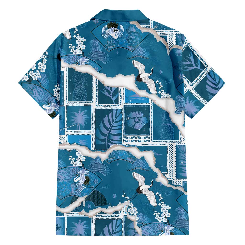 Hawaii Japanese Culture Blue Hawaiian Shirt Spring Cranes Aloha Pattern